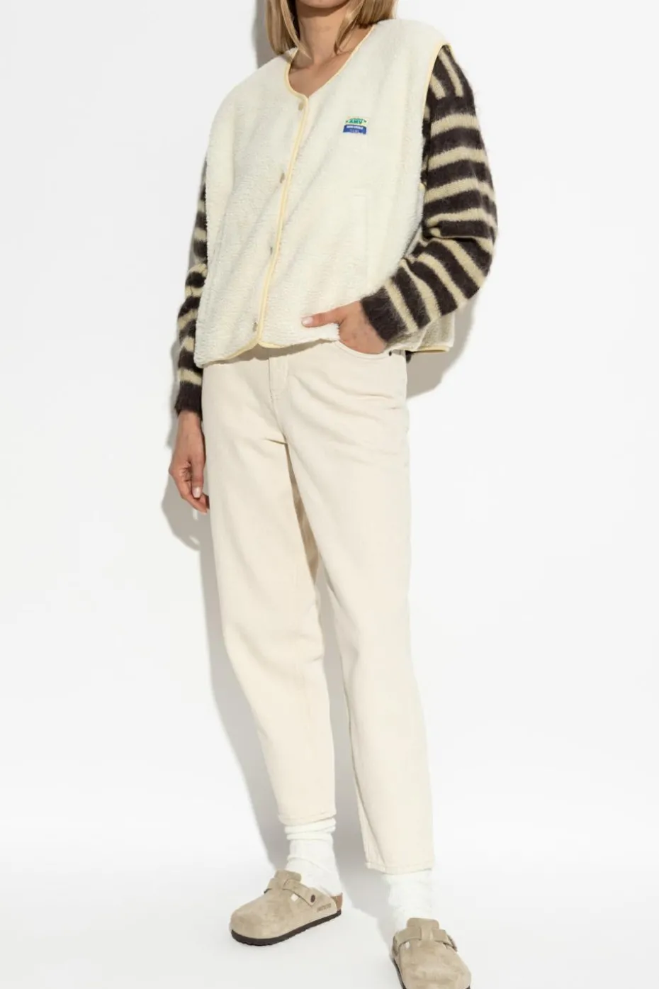 American Vintage cream Furry vest with logo patch