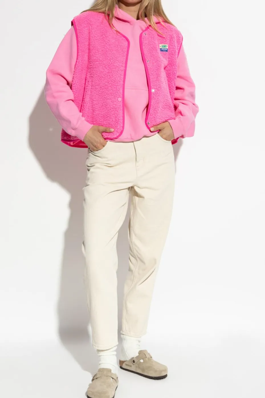 American Vintage PINK Furry vest with logo patch