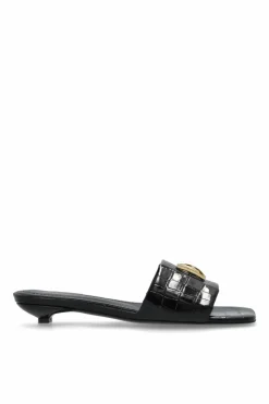 Anine Bing BLACK Leather slides with logo-shaped applique
