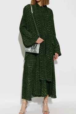 Balenciaga GREEN Pleated Dress with Animal Print