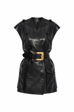 Balmain BLACK Leather dress with a waist belt