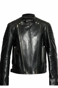 Balmain BLACK Leather jacket with stand-up collar