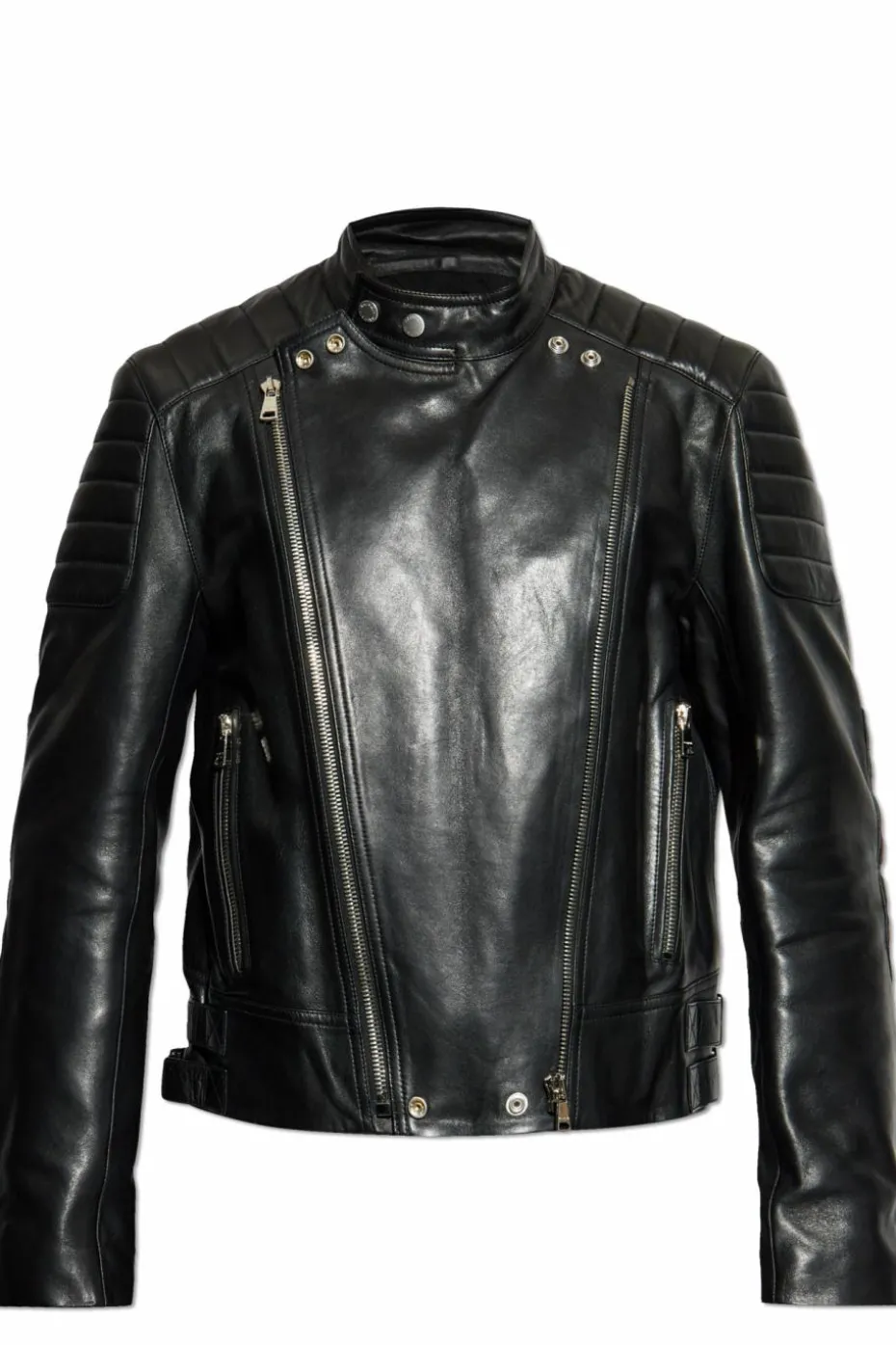 Balmain BLACK Leather jacket with stand-up collar
