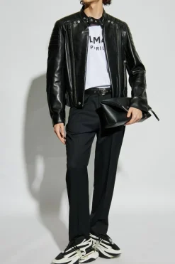 Balmain BLACK Leather jacket with stand-up collar