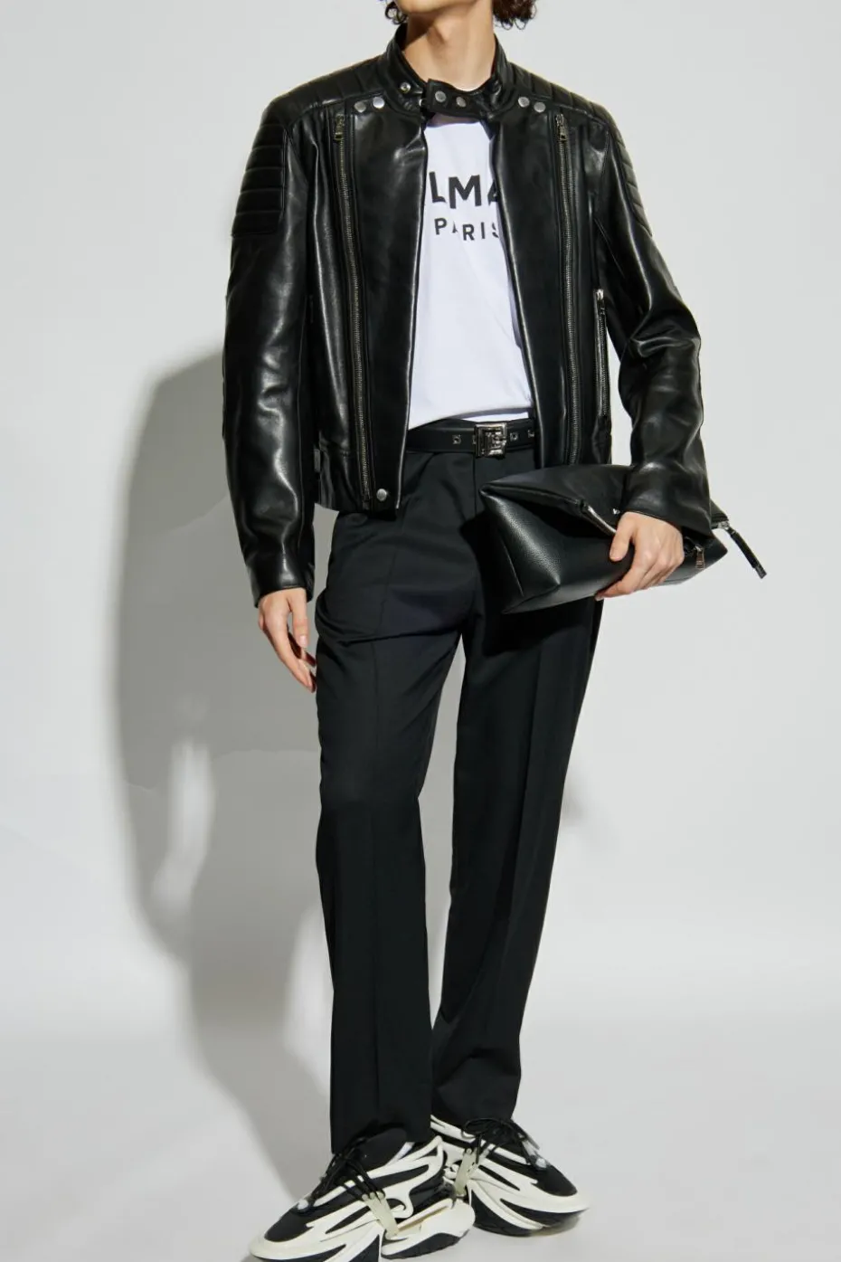Balmain BLACK Leather jacket with stand-up collar