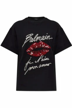 Balmain BLACK T-shirt with shimmering appliqués