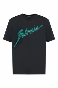 Balmain BLACK T-shirt with a logo and a velvet finish