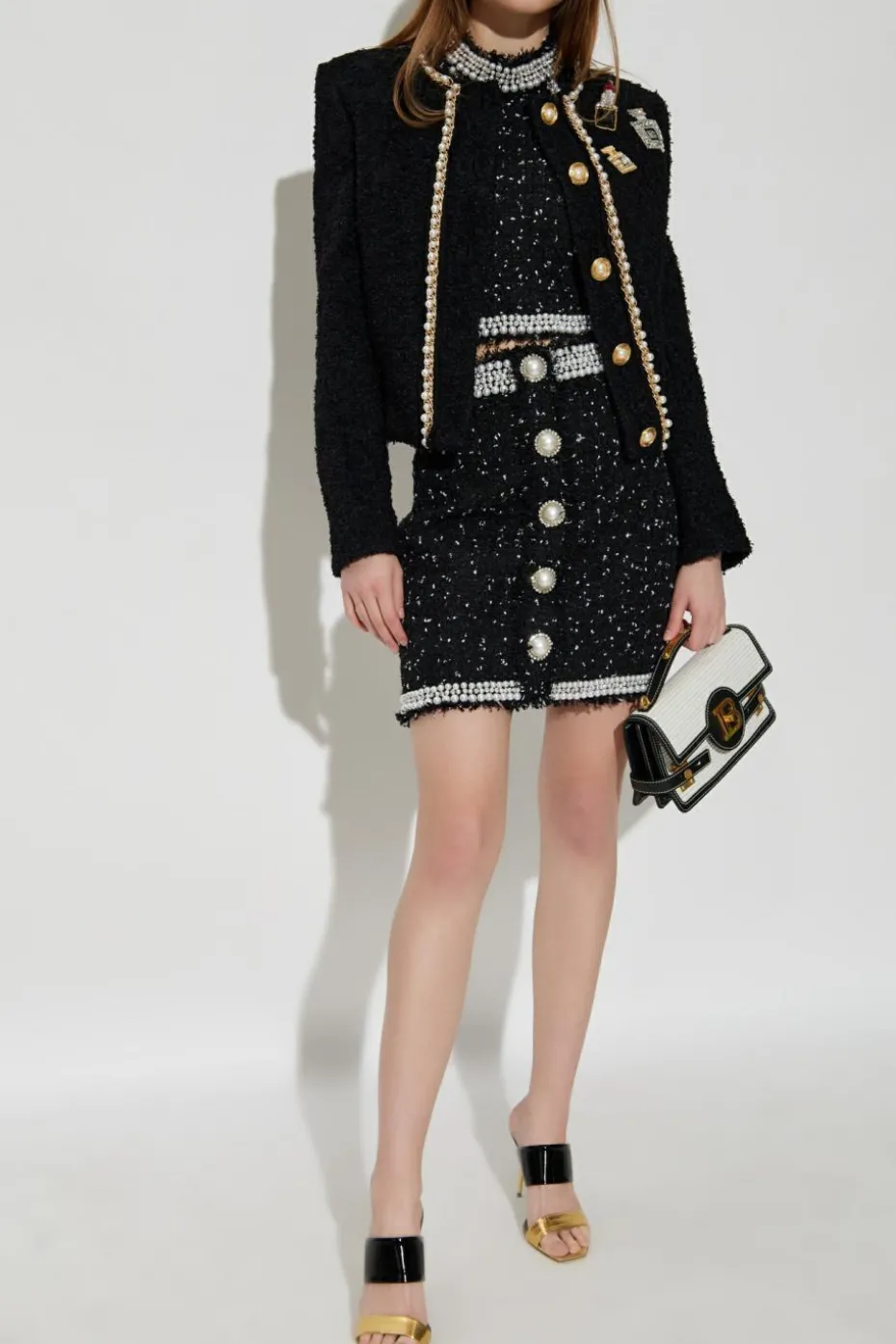 Balmain BLACK Tweed skirt with shimmering appliqués