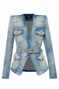 Balmain BLUE Denim jacket with belt
