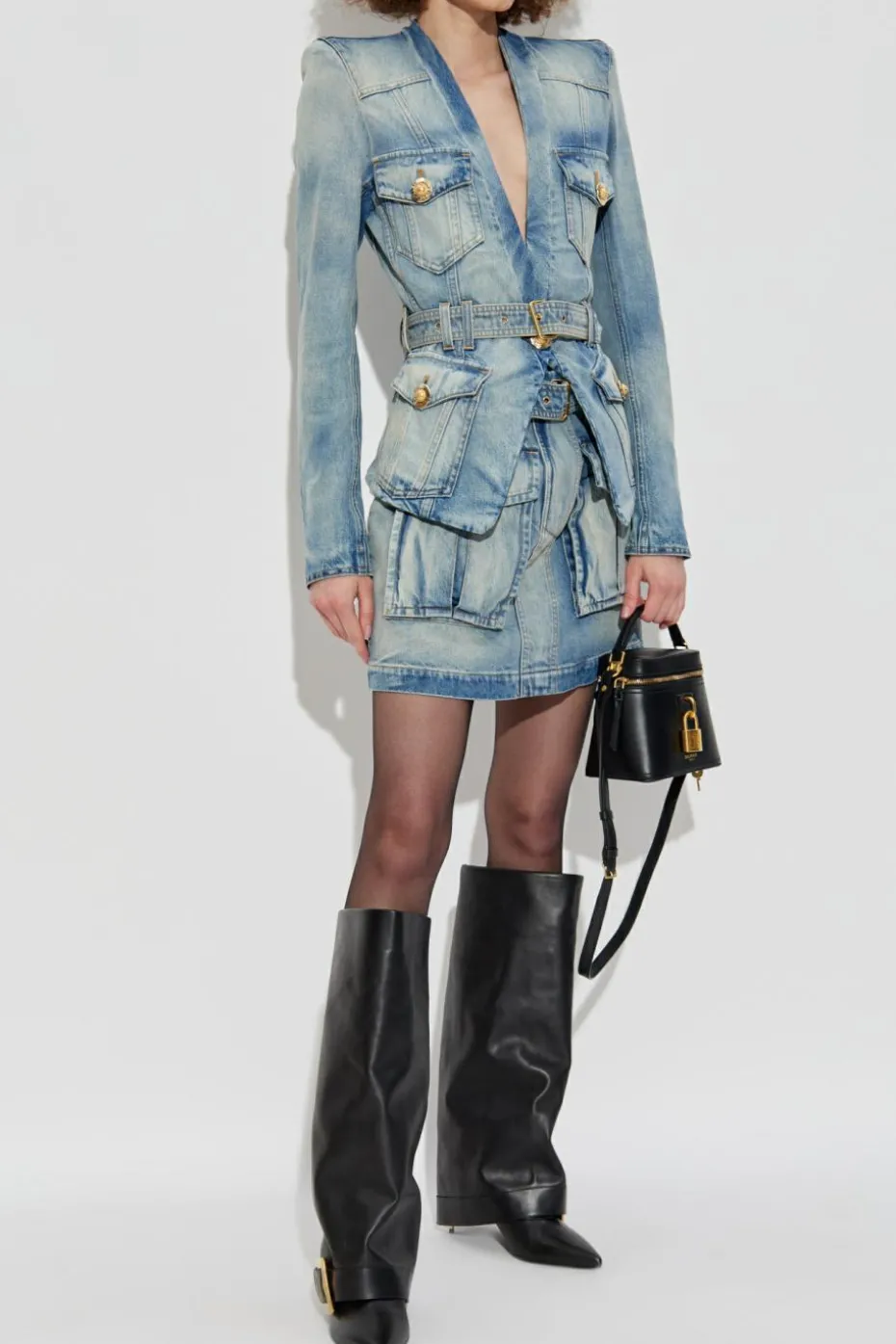 Balmain BLUE Denim jacket with belt