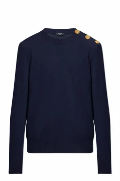 Balmain NAVY BLUE Sweater with snap fastening on the shoulder