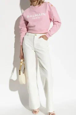 Balmain PINK Cropped sweatshirt with printed logo