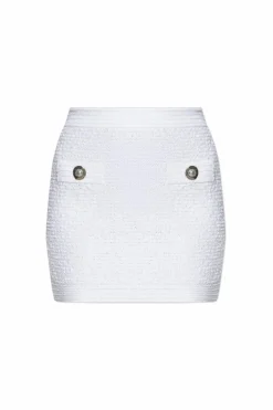 Balmain WHITE Short tweed skirt with appliquƩs
