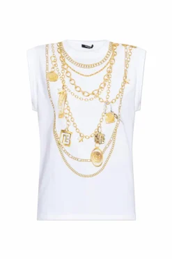 Balmain WHITE Top with print and appliquƩs