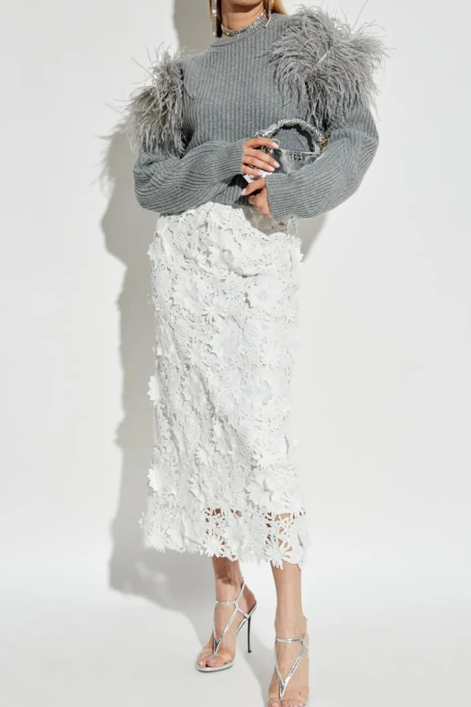 Blumarine GREY Sweater with ostrich feathers