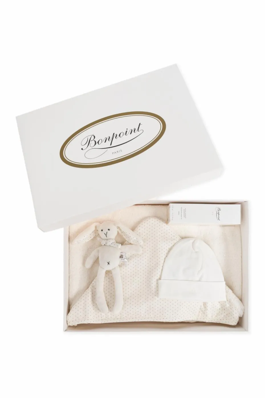 Bonpoint cream Set: hooded towel, plush toy, moisturizing body oil and hat