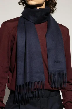 Brioni NAVY BLUE Cashmere scarf with logo