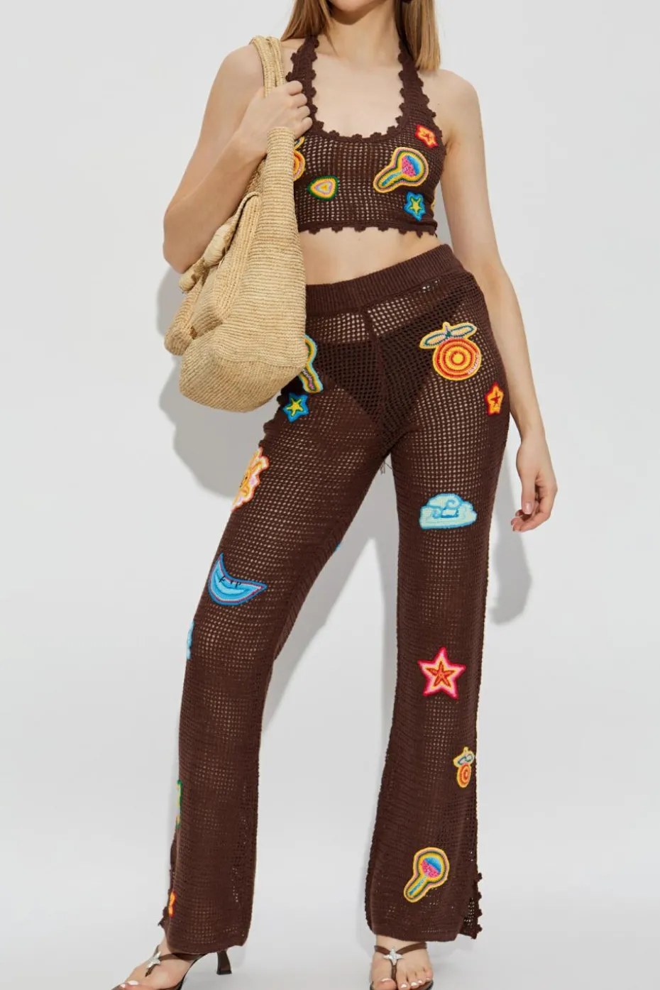 Casablanca BROWN Pants with colorful embroidery