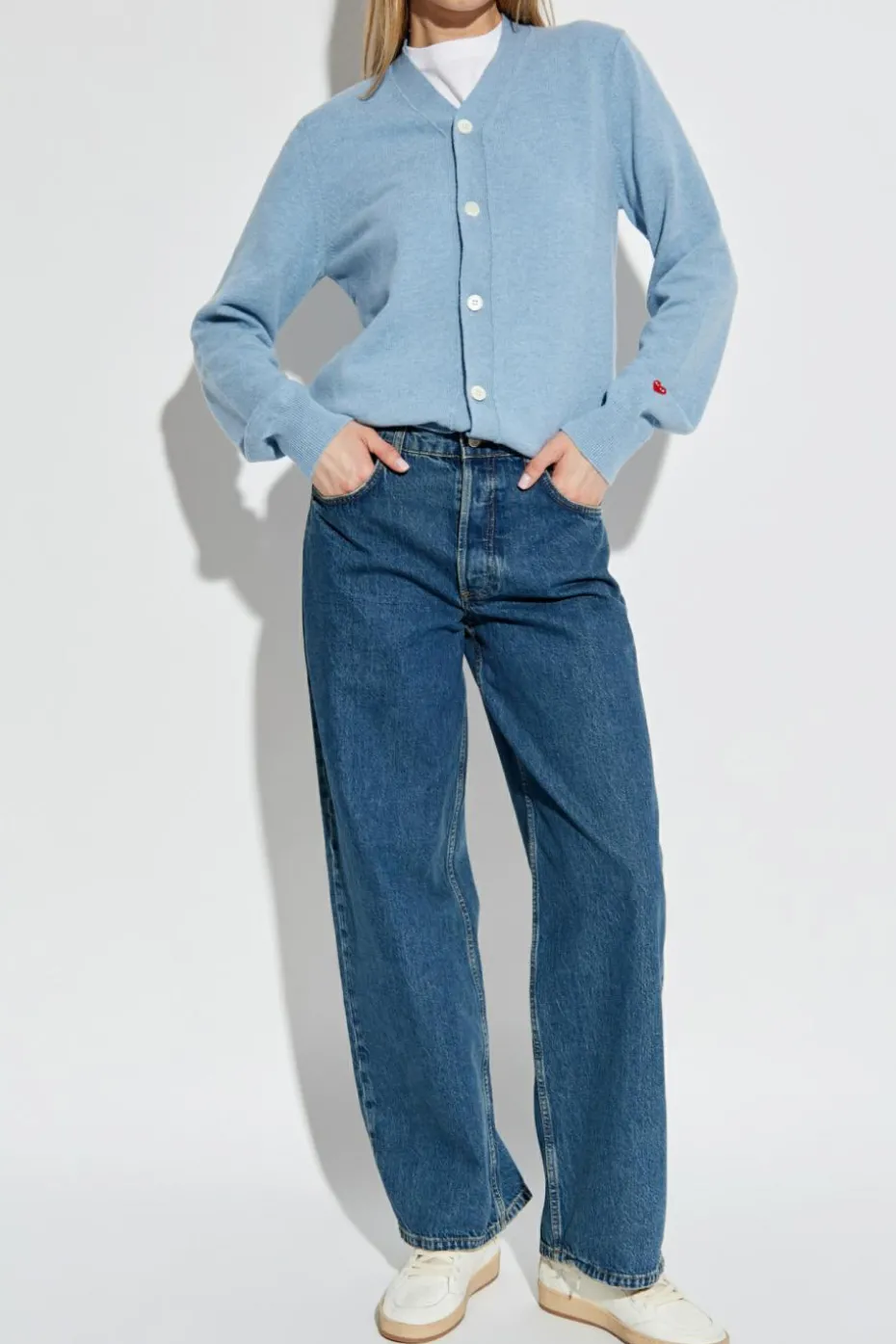 Comme des Garçons Play light blue Cardigan with logo patch