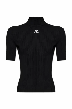 Courrèges BLACK Ribbed top with stand-up collar