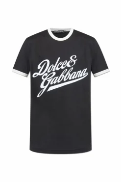 Dolce & Gabbana BLACK T-shirt with logo and velvet finish