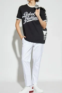 Dolce & Gabbana BLACK T-shirt with logo and velvet finish