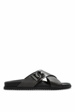Dolce & Gabbana BROWN Leather slides with logo