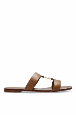 Dolce & Gabbana BROWN Leather slides with logo-shaped appliqué