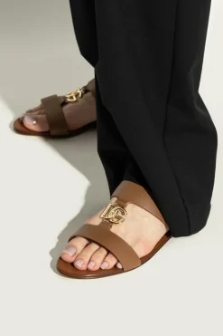 Dolce & Gabbana BROWN Leather slides with logo-shaped appliqué