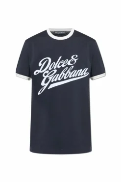 Dolce & Gabbana NAVY BLUE T-shirt with a logo and a velvet finish