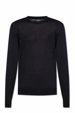 Dolce & Gabbana NAVY BLUE Silk sweater with embroidered logo