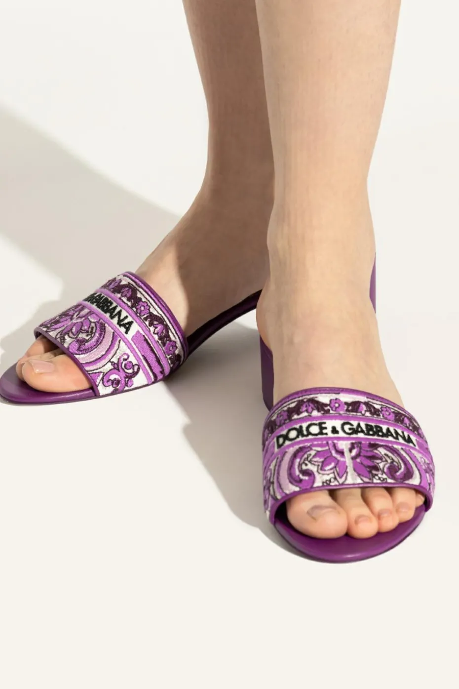 Dolce & Gabbana PURPLE Heeled mules with "Majolica" pattern