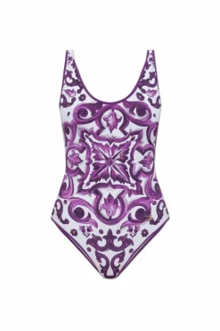 Dolce & Gabbana PURPLE One-piece swimsuit with "Majolica" print