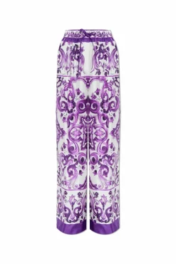 Dolce & Gabbana PURPLE Silk trousers with "Majolica" print