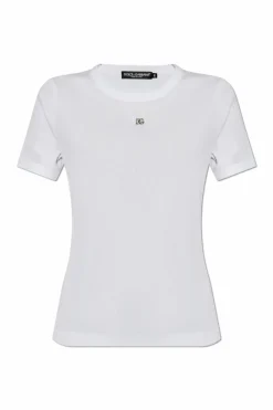 Dolce & Gabbana WHITE Ribbed t-shirt with logo-shaped appliquƩ