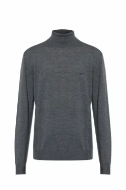 Etro GREY Wool turtleneck sweater with embroidered logo
