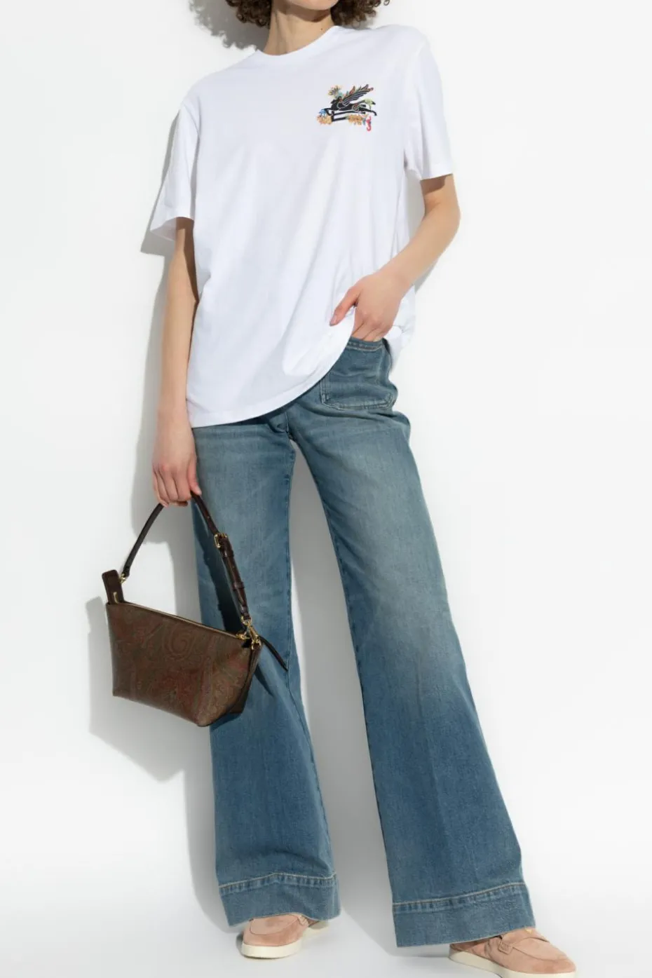 Etro WHITE T-shirt with a colorfully embroidered logo