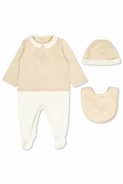 Fendi Kids beige Set: bodysuit, cap and bib