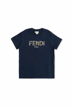 Fendi Kids NAVY BLUE T-shirt with a colorfully printed logo