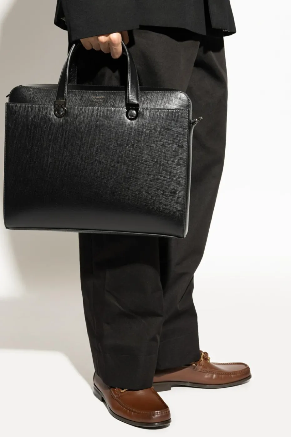 FERRAGAMO BLACK Leather briefcase with logo