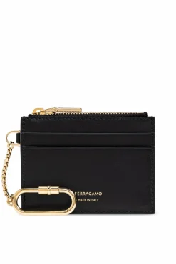 FERRAGAMO BLACK Leather card holder with keychain