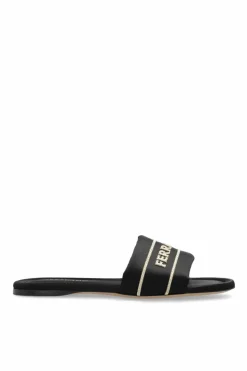 FERRAGAMO BLACK Satin mules with logo