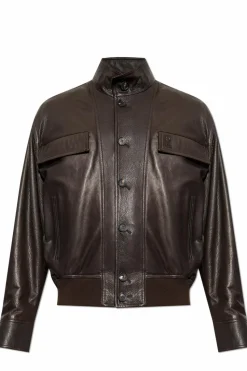 FERRAGAMO BROWN Leather jacket with stand-up collar