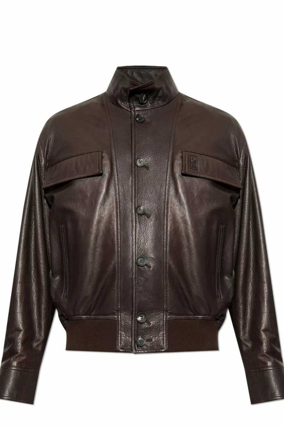 FERRAGAMO BROWN Leather jacket with stand-up collar