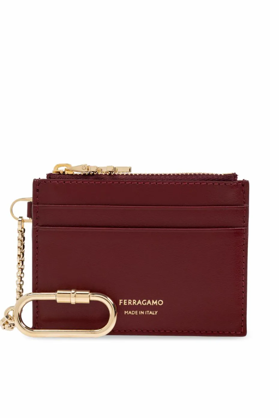 FERRAGAMO BURGUNDY Leather card case with keychain