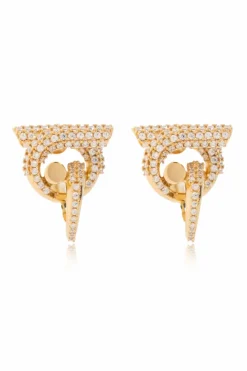 FERRAGAMO GOLD Logo-shaped earrings with shimmering crystals.