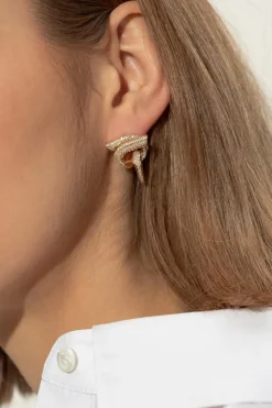 FERRAGAMO GOLD Logo-shaped earrings with shimmering crystals.
