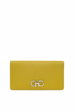 FERRAGAMO GREEN Leather wallet with an appliquƩ in the shape of a logo