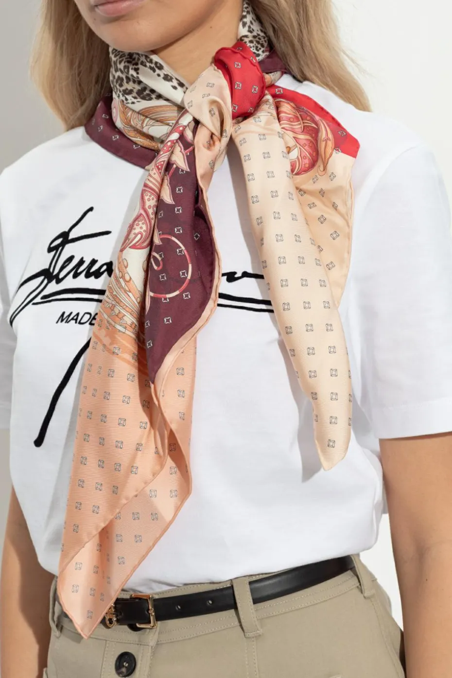 FERRAGAMO MULTICOLOUR Silk scarf with print