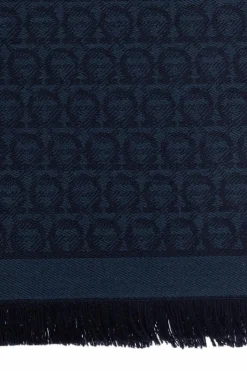 FERRAGAMO NAVY BLUE Logo-embroidered scarf